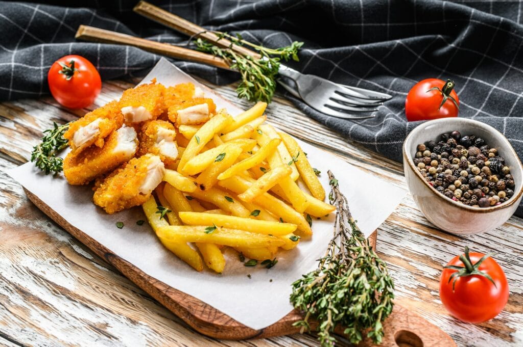 Fried Fish Sticks with French Fries. British fish and chips, fried potato